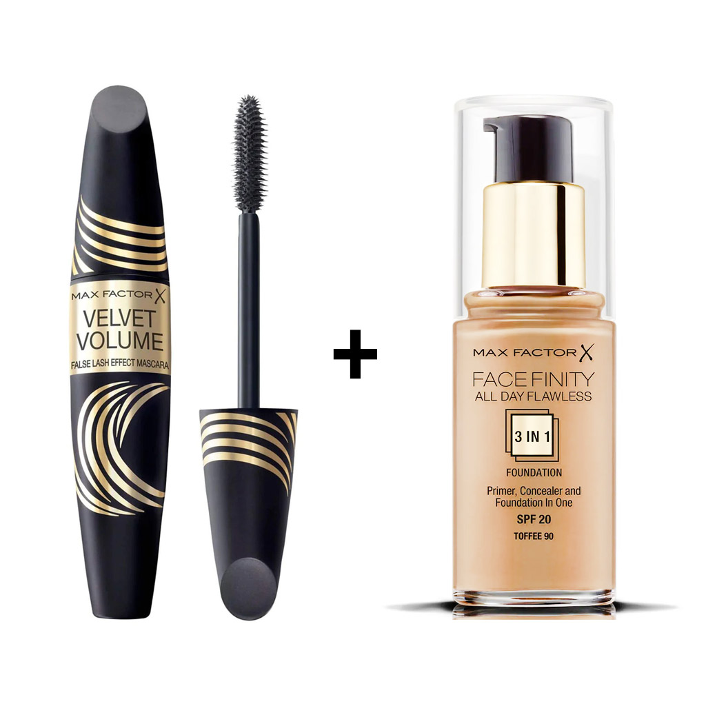 Max factor foundation facefinity all day flawless 3 in 1 + mascara velvet voulme false lash effect
