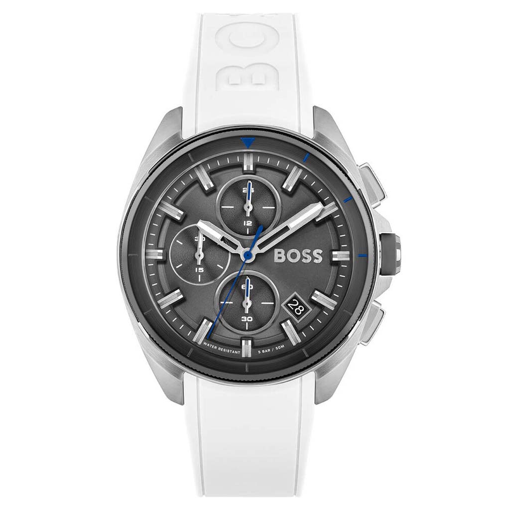 BOSS Volane Chronograph 44mm Quartz Grey Dial Steel Case White Rubber Strap Watch 1513948