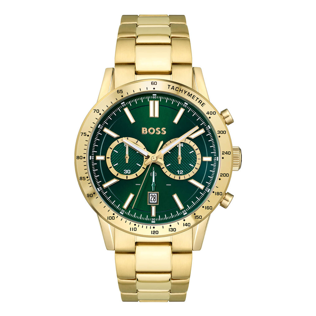 Hugo Boss Allure Chronograph 44mm Quartz Green Dial Yellow Gold IP Case Bracelet Watch 1513923