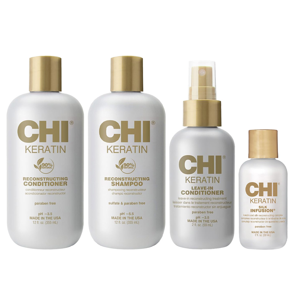 CHI Keratin Set (Silk Infusion 59ml + Leave-in Conditioner 177ml + Shampoo 355ml + Conditioner 355ml) )