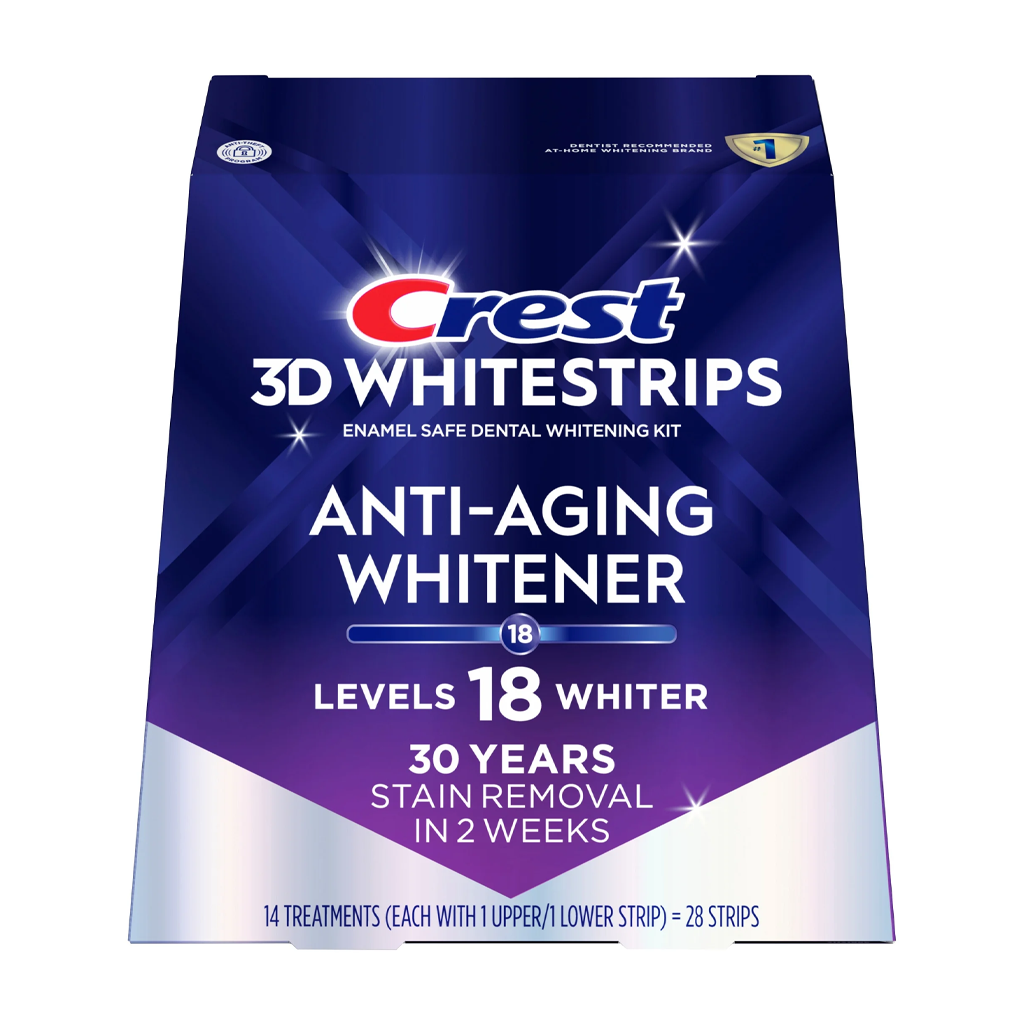 طقم تبييض الأسنان Crest 3DWhitestrips المضاد للشيخوخة‑، 14 قطعة 14 Treatments (28 strips 14 upper 14 lower)