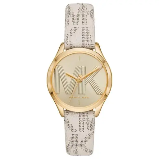 Michael Kors MK2861 Gold Tone Dial Cream White Leather Logo Band Jaycie Three-Hand, womens