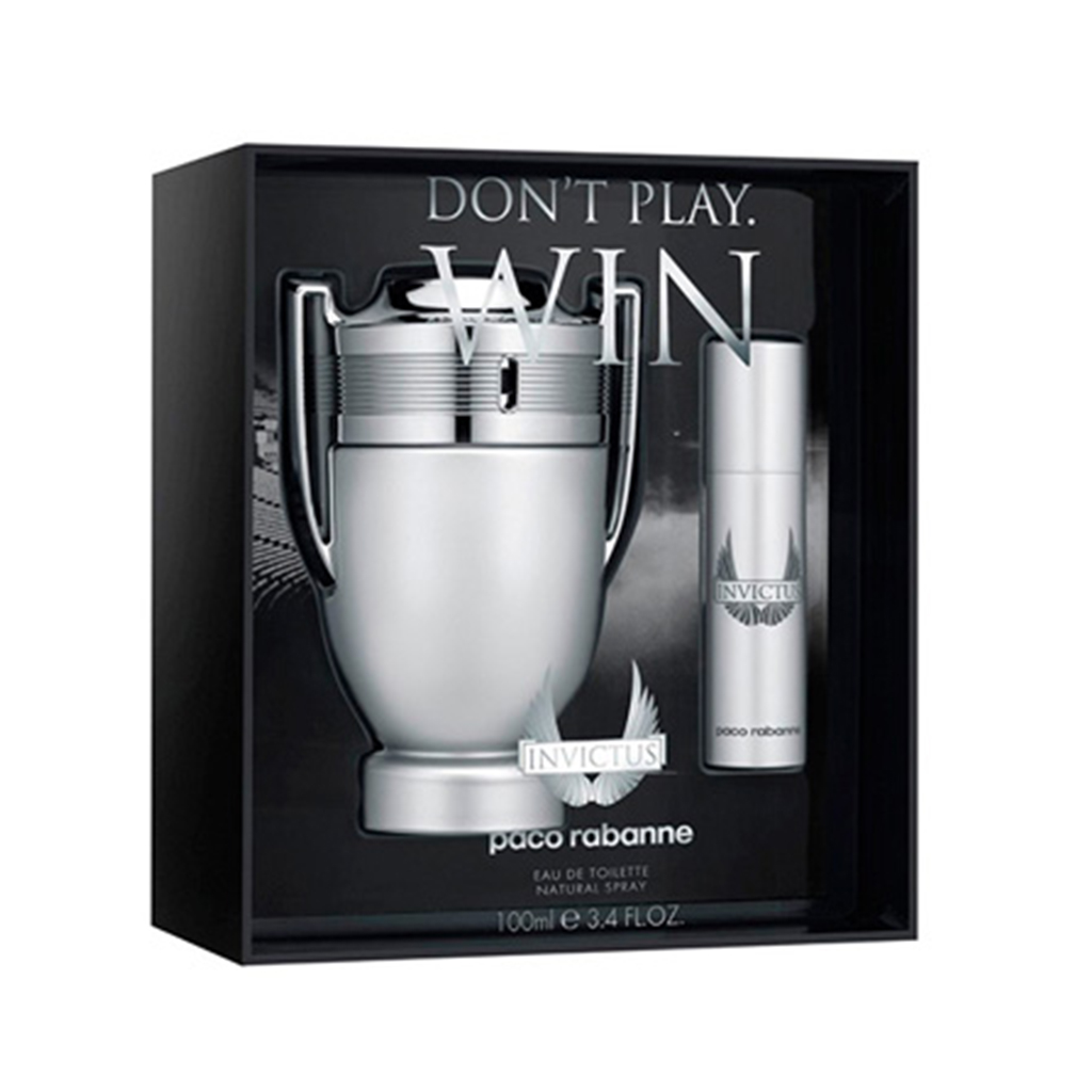 Paco Rabanne Invictus Gift Set 100ml EDT 10ml Travel Spray AlSayyed Cosmetics Makeup Skincare Fragrances and Beauty